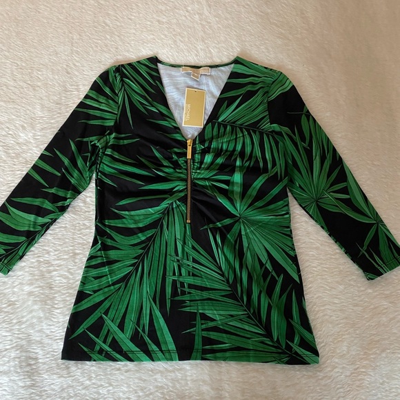 NWT Tropical Leaf Print “Palmeto Green” Michael KORS Top with Gold Zipper Sz S - Picture 12 of 12